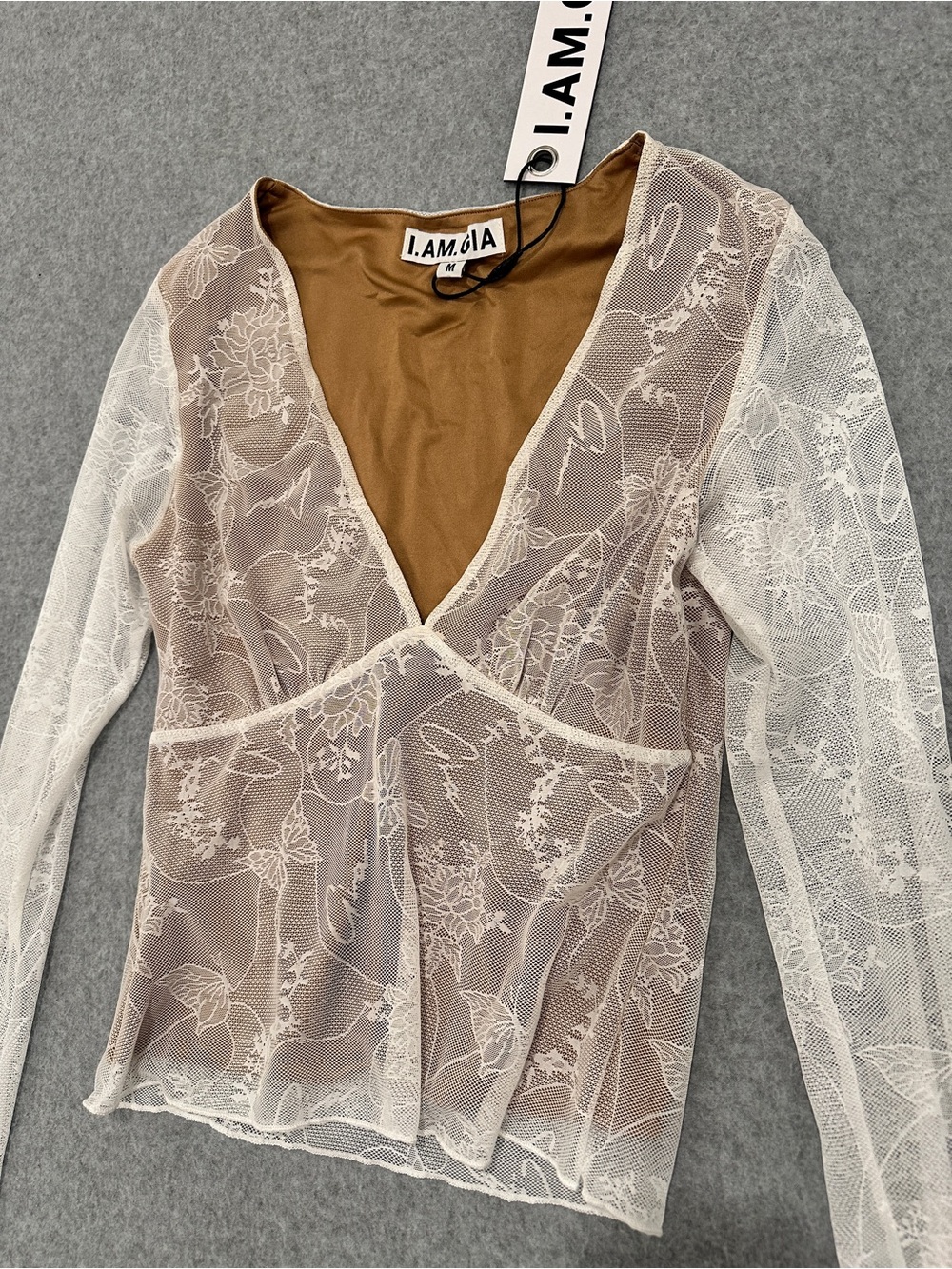 I.AM.GIA Beige Mesh Floral Lace Long Sleeve Top - Picture 2 of 8